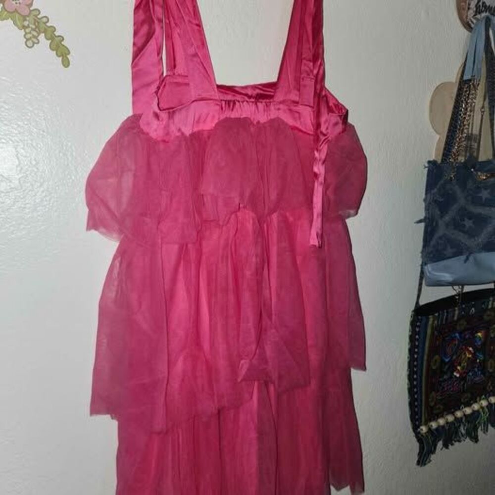 Pink Tiered Tulle Dress with Satin Tie Straps S